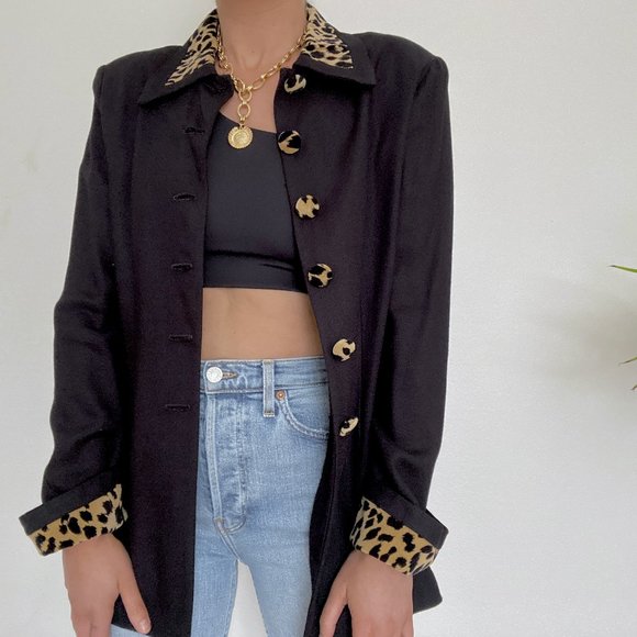 80s Black Cheetah Print Trim Peacoat - Picture 4 of 8